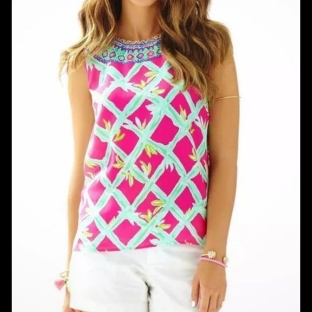 Lilly Pulitzer lona Sleeveless 100% Silk Blouse Back Buttons Women XL Boho